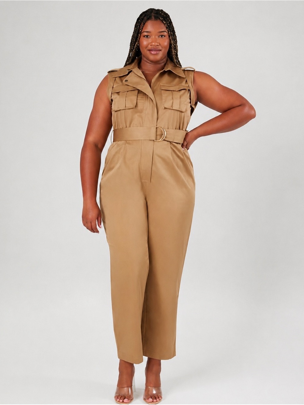 Forever 21 Tan Sleeveless Utility Belted Jumpsuit
